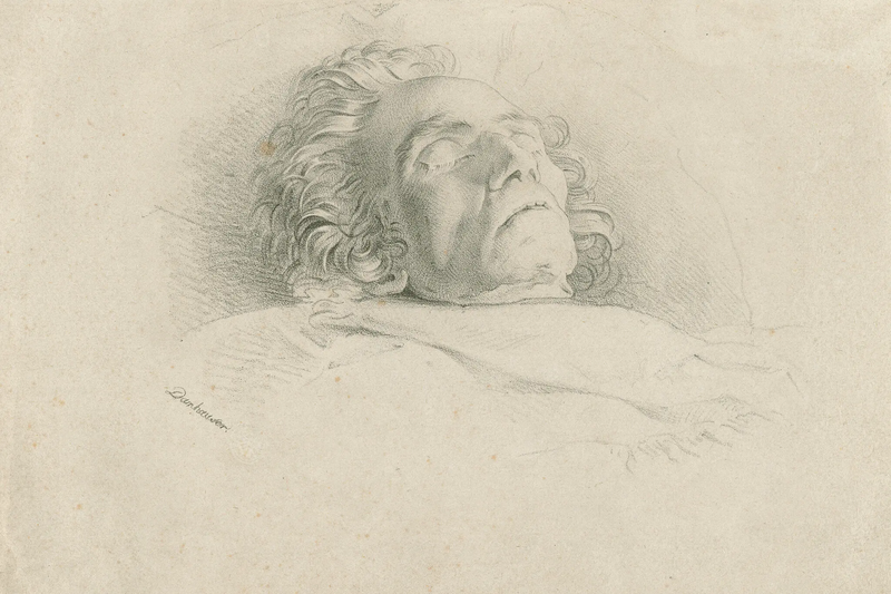 An 1827 lithograph of Beethoven on his deathbed by Josef Danhauser, after his own drawing.Credit...Josef Danhauser, via Beethoven-Haus Bonn