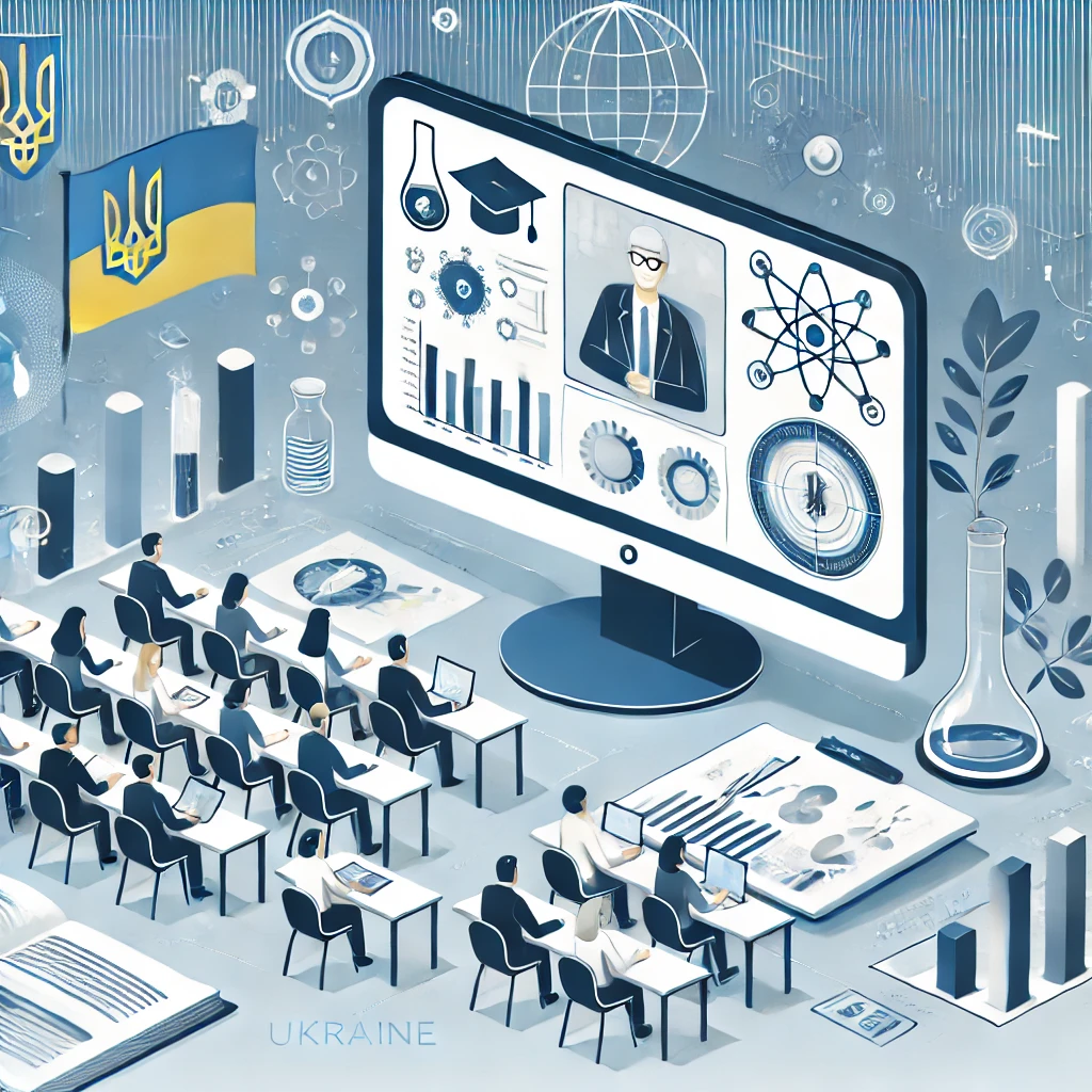 DALL·E 2025-02-24 10.42.55 - A modern digital illustration representing an online seminar on scientific accreditation in Ukraine. The image features a computer screen displaying a